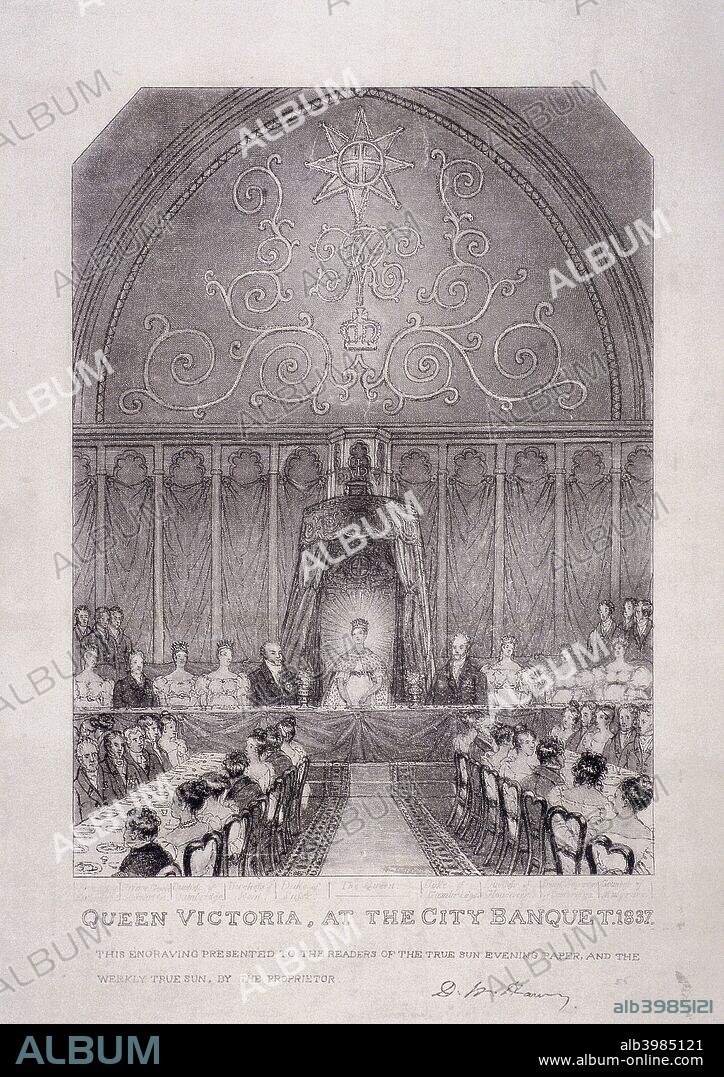 Gog and Magog, Guildhall, London, 1809. Balcony with statues of the two giants Gog and Magog on either side of an ornate clock. One carries a sword, mace with spiked ball on a chain, and bow and arrows. The other holds a lance and a coat of arms.