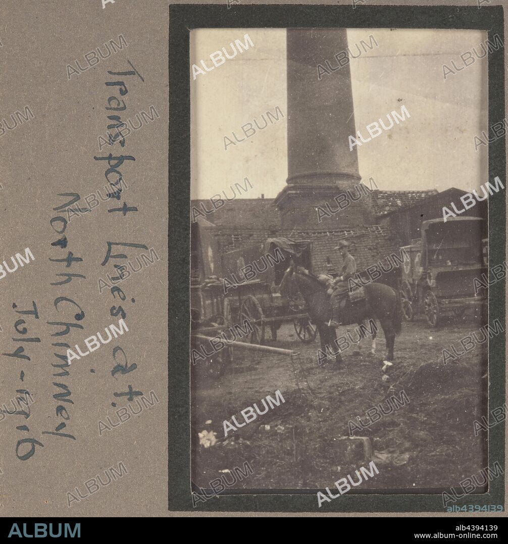 Photograph - 'Transport Lines at North Chimney', France, Sergeant John Lord, World War I, 1916, Black and white photographic print which depicts a selection of horse drawn ambulances at the North Chimney dressing station, located just out of Albert. Wounded soldiers from Pozieres were transported by the horse drawn ambulances and stretcher bearers to the Advanced Dressing Stations at North Chimney and Bercourt where they were treated, cleaned and stabilised. Travel by horse drawn ambulance.