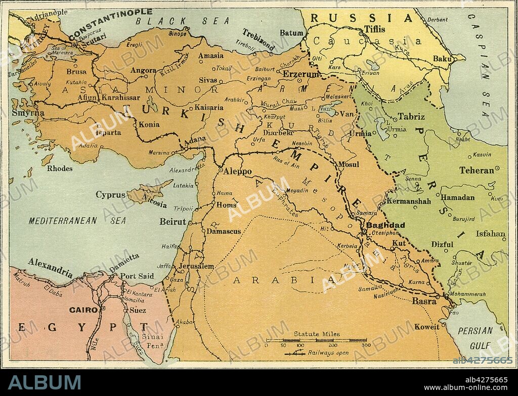 GEORGE PHILIP & SON LTD. 'Map to Illustrate the Mesopotamian Expedition', 1919. Showing the Middle Eastern theatre of World War I, including the Turkish or Ottoman Empire, and parts of Russia, Persia and Egypt. The Mesopotamian campaign was fought between the Allies represented by the British Empire, (Britain, Australia and British India), and the Central Powers, mostly of the Ottoman Empire. From "The History of the Great European War: its causes and effects", Vol. V, by W. Stanley Macbean Knight. [Caxton Pulishing Company, Limited, London, 1919].