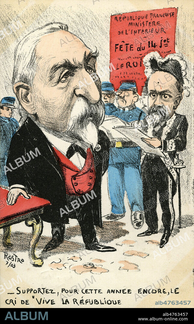 'Supportez, pour cette annee encore, le cri de 'Vive la Republique' lors du 14 juillet. Caricature d'Emile Combes (1835-1921) et son ministre de l'armee le General Andre. Illustration par ROSTRO pour une carte postale de 1903. Credit : IM/KHARBINE-TAPABOR.