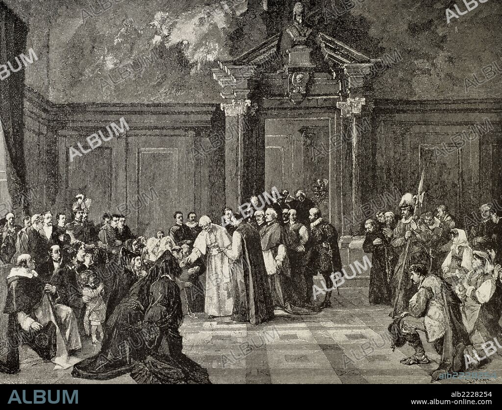 LEON XIII (Carpineto,1810-Roma,1903). Papa italiano (1878-1903), de nombre Vincenzo Gioacchino Pecci. Humanista de extensa cultura. Su magisterio fue de signo aperturista (Rerum novarum,1891). "Una audiencia en el Vaticano". Grabado de "La Ilustración Ibérica", año 1888.