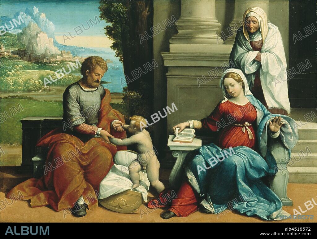 Garofalo, Italian, 1481-1559, Holy Family with St. Anne, ca. 1530, Paint on wood panel, Unframed: 15 1/4 × 21 1/2 inches (38.7 × 54.6 cm).