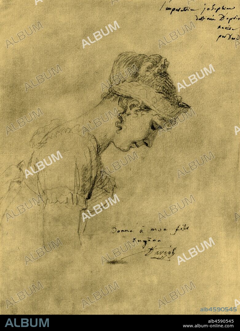 JACQUES LOUIS DAVID. Sketch of Josephine at Napoleon's coronation, 2 December 1804, (1921). 'L'Impératrice Joséphine au couronnement'. Preparatory study from life of Napoleon's empress consort Josephine de Beauharnais (1763-1814) for a painting of the coronation of Emperor Napoleon I (1769-1821) which took place on Sunday 2 December 1804 at the cathedral of Notre-Dame in Paris. Napoleon first crowned himself, then put the crown on Josephine's head, proclaiming her empress. Here she bows her head, ready to receive the crown. 'Le Sacre de Napoléon' by Jacques-Louis David, the official painter of Napoleon, was completed in 1807. From "Napoleon", by Raymond Guyot, [H. Floury, Paris, 1921].