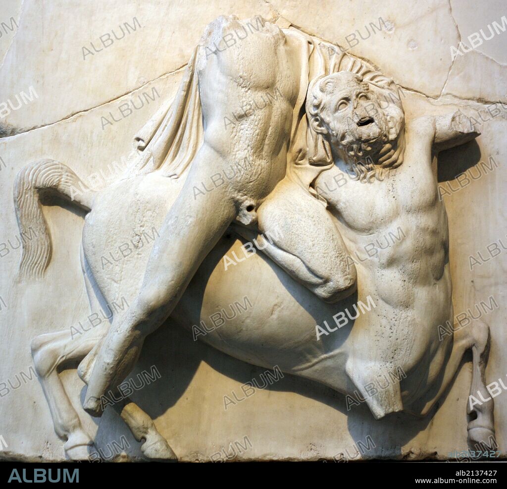 One of the Metopes (Tablet with relief sculpture) from the Parthenon, Athens. made from marble. Depicting a battle between Lapiths and Centaurs. (Photo by: Universal History Archive/UIG via Getty Images).
