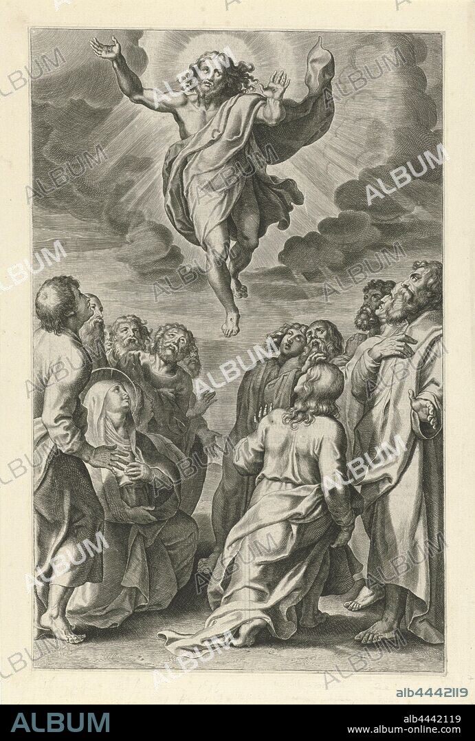 Ascension of Christ Scenes from the Old and New Testament (series title) Breviary romanum (series title), Christ is taken to heaven. Around him are students and Maria. The print is part of a series with scenes from the Old and New Testament., The Ascension (Christ surrounded by radiant light or in a mandorla), Theodoor Galle (possibly), Antwerp, c. 1612 - c. 1616, paper, engraving, h 299 mm × w 193 mm.