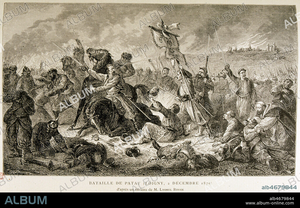 Charge des zouaves pontificaux a la bataille de Loigny, le 02/12/1870, derriere la banniere du Sacre-Coeur. Illustration tiree de l'ouvrage du Baron de CHARETTE 'Souvenir du regiment des zouaves pontificaux', publie en 1880. Credit : Collection JEAN VIGNE / KHARBINE-TAPABOR.