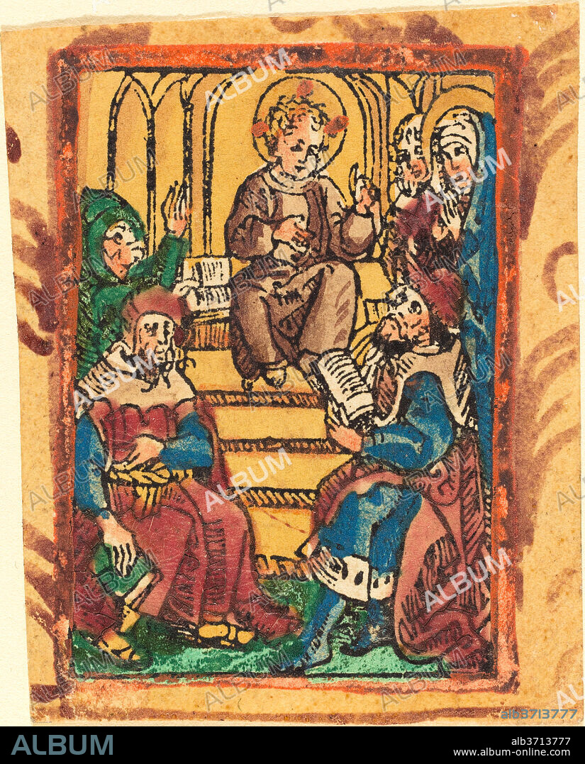 GERMAN 15TH CENTURY. The Twelve Year Old Jesus in the Temple. Dated: c. 1490/1500. Medium: woodcut, hand-colored in dark blue, red, yellow, ochre, and brown-violet.
