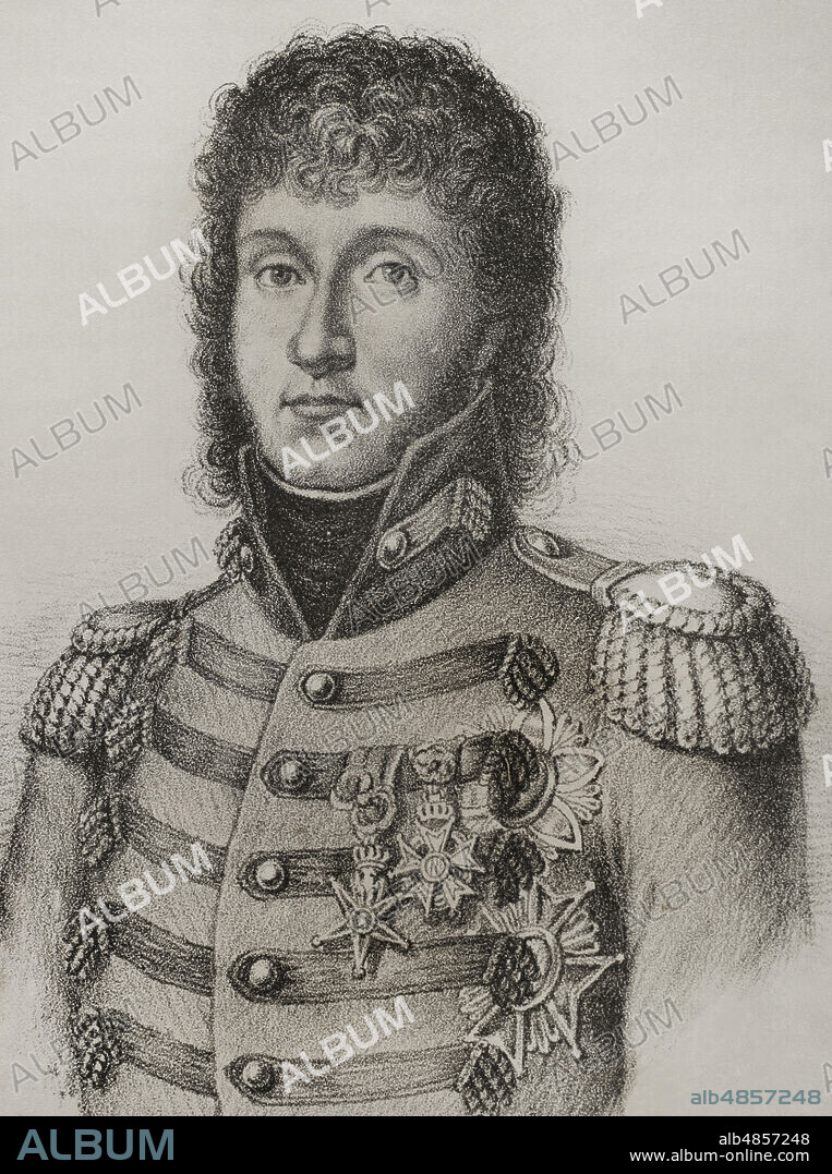 Joachim Murat (1767-1815). Noble y militar francés al servicio de su cuñado Napoleón. Gran duque de Berg, mariscal de Francia y Rey de Napoles entre 1808-1815. En 1808 fué destinado a España al servicio de Napoleón, aprovechándose de la crisis dinástica de los Borbones en interés de Francia. Grabado. Historia del Levantamiento, Guerra y Revolución de España, por el conde de Toreno. Madrid,1852.