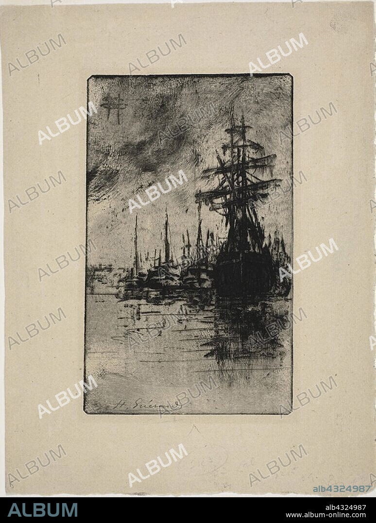 Sailboats on the water, c. 1888, Henri Charles Guérard, French, 1846-1897, France, Etching and drypoint with selective wiping on buff laid paper, 213 × 130 mm (plate), 310 × 234 mm (sheet).