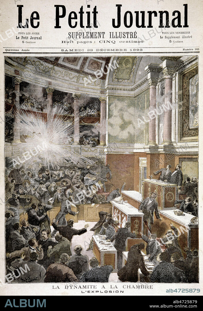 'La dynamite a la Chambre : l'explosion' : attentat a l'Assemblee Nationale dont l'anarchiste VAILLANT (1861-1894) etait l'auteur.Illustration de F. LIX (1830-1897) pour Le Petit Journal du 23 decembre 1893. Anarchiste 19eme siecle 19e s. Credit : Collection KHARBINE-TAPABOR.