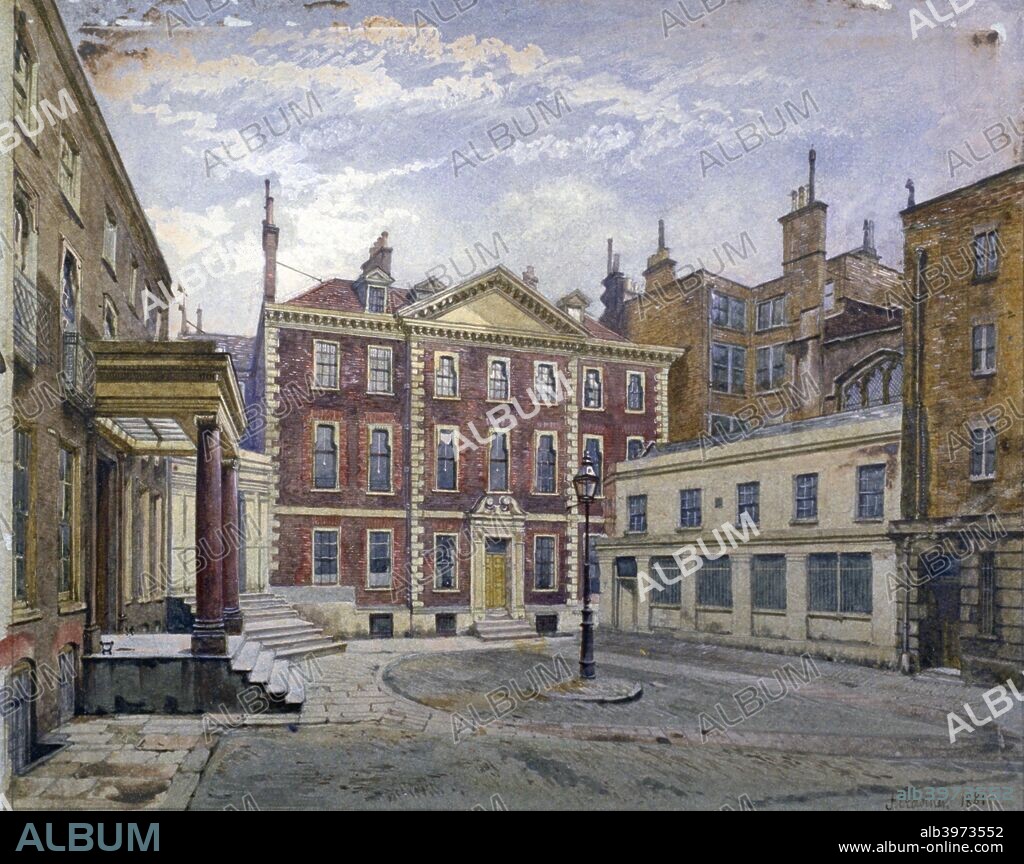 Austin Friars Street, City of London, 1881. View of houses in Austin Friars Street, with the north-eastern end of the church of Austin Friars just visible.