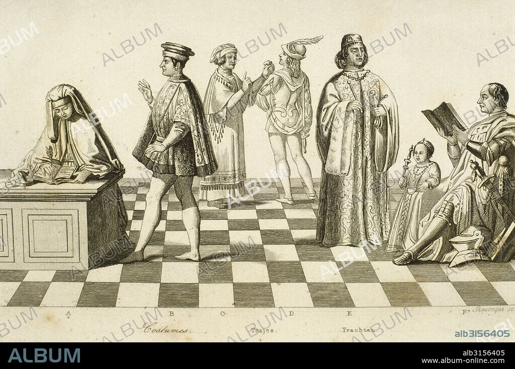 Grabado del siglo XIX con la representación de un NOTARIO de la república de Florencia, un SEÑOR de Rimini, un joven MILITAR, un "PODESTÀ"y FEDERICO II DE MONTEFELTRO, conde y primer Duque de Urbino. Italia.