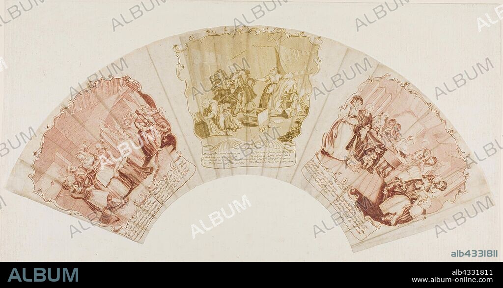 Plates four, five, and six from A Harlot’s Progress, 1732/61, William Hogarth, English, 1697-1764, England, Three etchings from three plates, two in red ink and one in olive green ink, on cream wove paper, laid down on off-white laid paper, 130 × 155 mm (image/plate, left), 130 × 150 mm (image/plate, center), 144 × 140 mm (image/plate, right), 155 × 501 mm (primary support), 296 × 510 mm (secondary support).