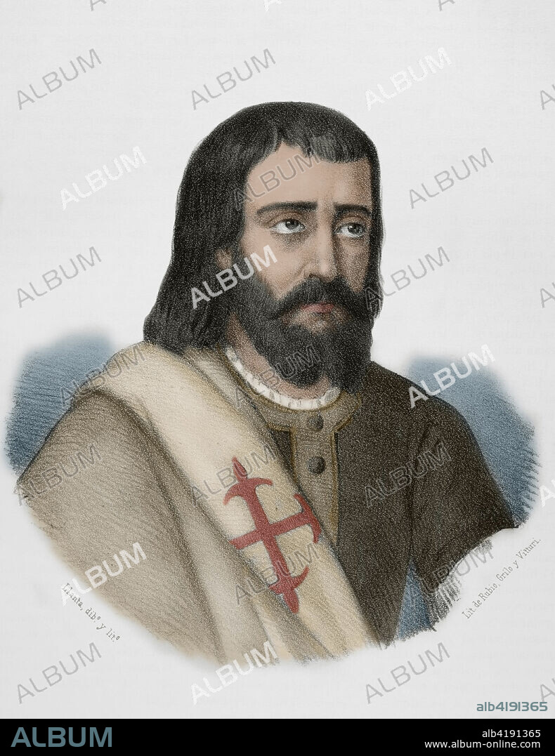 SANTIAGO LLANTA (FL. 1866-1872). FRENCH LITHOGRAPHER WHO WORKED IN SPAIN.. Juan de Carvajal (Juan Alfonso de Carvajal) (m. 1312). Caballero castellano y comendador de la Orden de Calatrava. Servidor del rey Fernando IV de Castilla. Condenado a muerte junto a su hermano Pedro Alfonso por el propio rey en 1312. Retrato. Dibujo por Llanta. Litografía. Coloreada. Crónica General de España, Historia Ilustrada y Descriptiva de sus Provincias. Andalucía, 1869.