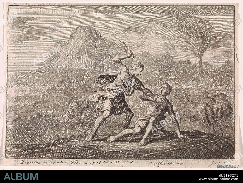 Cain kills Abel, Jan Luyken, Pieter Mortier, 1703 - 1762.