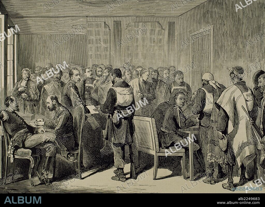 Second Carlist War (1872-1876). Distribution of passports to the Carlist in the quarters. Tolosa. Spain. Engraving by Rico. The Spanish and American Illustration, 1876.