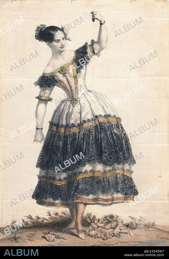 ACHILLE DEVERIA. Fanny Elssler as Florinda in the dance La Cachucha (ballet Le Diable boiteux).