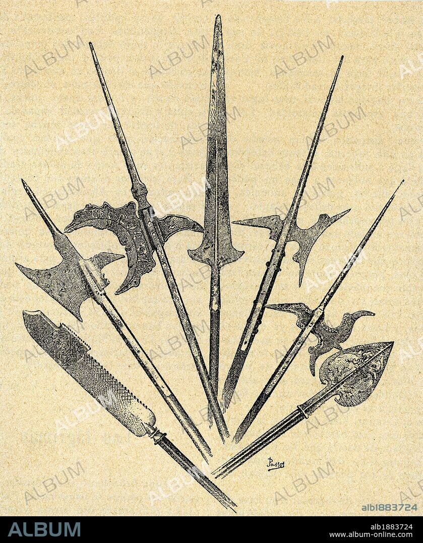 HISTORIA DE LAS ARMAS. ALABARDA SUIZA del siglo XVII, ALABARDA SUIZA del siglo XV, ALABARDA ALEMANA del siglo XVI, PARTESANA FRANCESA del siglo XVI, ALABARDAS VENECIANAS del siglo XVI y MOHARRA del siglo XVI. Grabado.