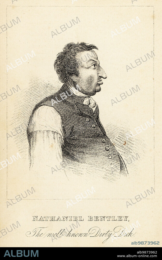 Nathaniel Bentley, the well-known Dirty Dick, 1735-1809. Owner of a hardware shop on Leadenhall Street who later became a miser and hoarder famous for his filthiness. Kept a room full of sumptuous entertainment locked up for many years after the death of his fiancee (like Miss Havisham in Charles Dickens). Lithograph after a stipple engraving by R. Page after a portrait from life by Isaac Mills from Henry Wilson and James Caulfields Book of Wonderful Characters, Memoirs and Anecdotes, of Remarkable and Eccentric Persons in all ages and countries, John Camden Hotten, Piccadilly, London, 1869.