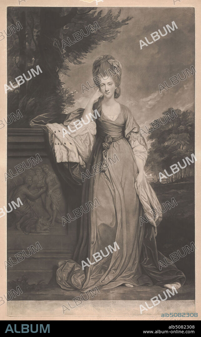 Anne Townshend, Marchioness Townshend, Valentine Green, 17391813, British, after Sir Joshua Reynolds RA, 17231792, British, 1780, Mezzotint on moderately thick, moderately textured, beige, laid paper, Sheet: 26 × 16 9/16 inches (66 × 42.1 cm), Plate: 24 7/8 × 15 3/16 inches (63.2 × 38.6 cm), and Image: 23 1/2 × 15 3/16 inches (59.7 × 38.6 cm).