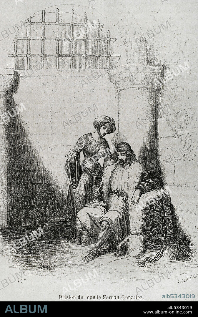 CODERCH. SPANISH ARTIST,19TH CENTURY. Prisión del Conde de Castilla Fernando González o Fernán González (h. 910-970). Grabado por Coderch. Historia General de España por el padre Mariana. Madrid, 1852.