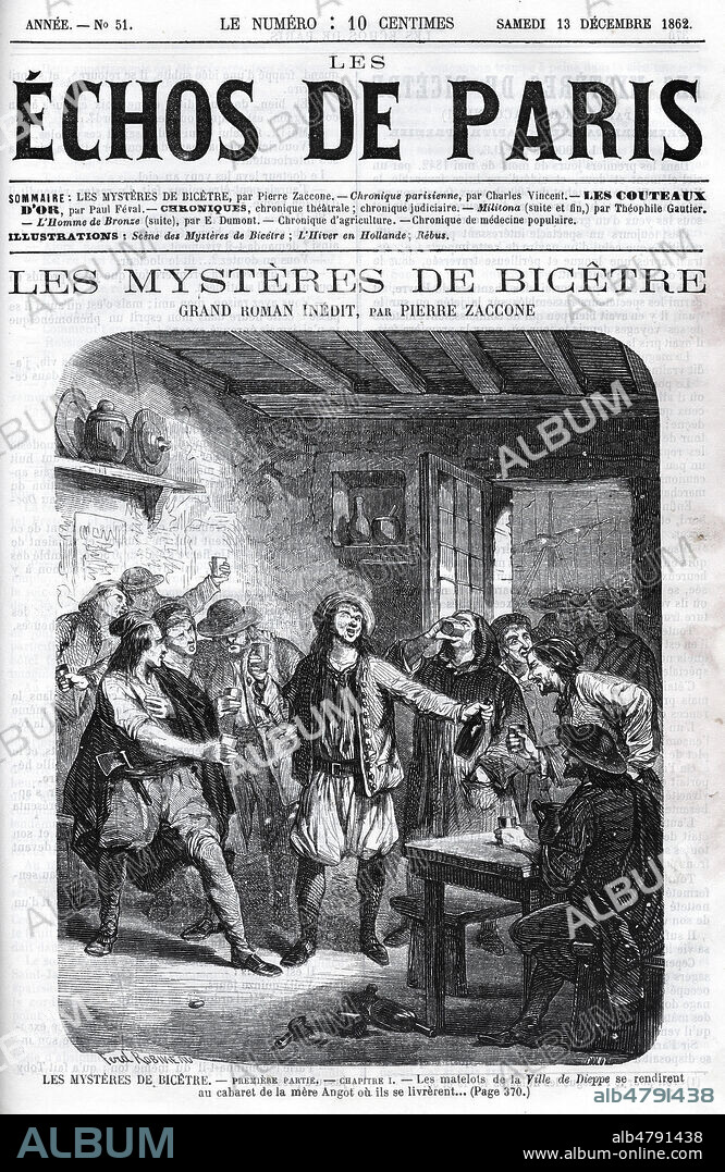 Les Mysteres de Bicetre, de Pierre Zaccone (1817-1895), edite en roman feuilleton a partir de novembre 1862. Frontispice du magazine litteraire Les Echos de Paris, novembre 1862. "les matelots (du bateau ) de La Ville de Dieppe se rendirent au cabaret de la mere Angot...". Gravure signee ROBINEAU. 19eme siecle. Credit Collection MA/KHARBINE TAPABOR.