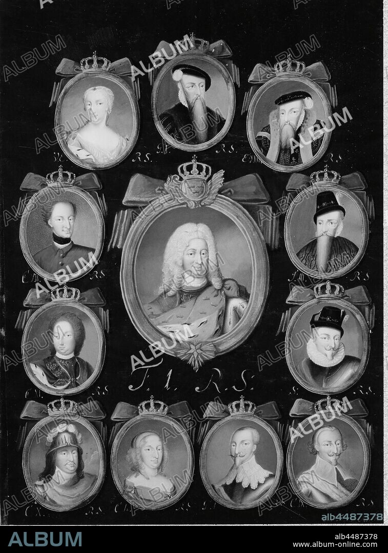 Carl Fredrik Mörck, King Fredrik I, Queen Ulrika Eleonora dy, King Karl XI, King Charles XII, King Karl X Gustav, King Gustav I, King Charles IX, King Johan III, King Sigismund, King Erik XIV, King Gustav II Adolf and, Queen Kristina, Gustav I - Fredrik I, Regentserie with 12 portraits, painting, portrait, Frederick I of Sweden, Gouache on paper and parchment, Height, 31 cm (12.2 inches), Width, 22 cm (8.6 inches, Inscription, UE, RS, , G. I, RS E.XIV, C.XII, RS J.III, RS C. XI, RS F.I, S. RS, C.X, Ch, G.A RS, C.IX, RS Signed, Carl Fredrick Mörck.