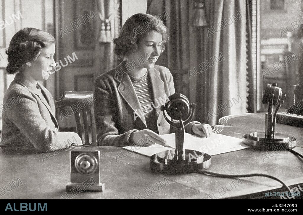 Princess Margaret, left, and Princess Elizabeth, future Queen Elizabeth II, right, broadcasting to the children of the empire, 13h October, 1940. Princess Margaret, Margaret Rose, 1930 – 2002, aka Princess Margaret Rose. Younger daughter of King George VI and Queen Elizabeth. Princess Elizabeth, future Elizabeth II, born 1926. Queen of the United Kingdom, Canada, Australia and New Zealand. From a photograph.