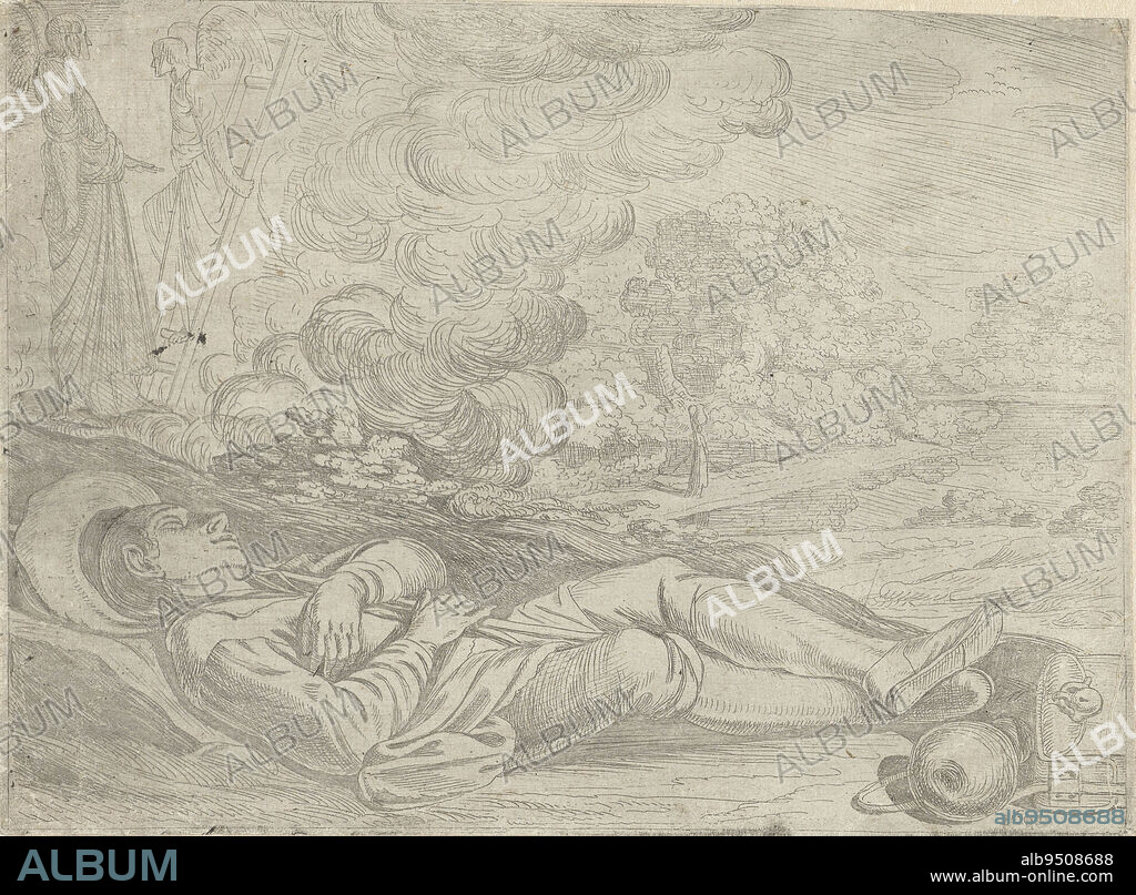 During his journey to Haran Jakob takes a stone as a pillow and goes to sleep. He dreams about a ladder that reaches to the sky and along which angels descend., print maker: Jan Symonsz Pynas, Amsterdam, 1601, paper, etching, h 151 mm × w 206 mm.