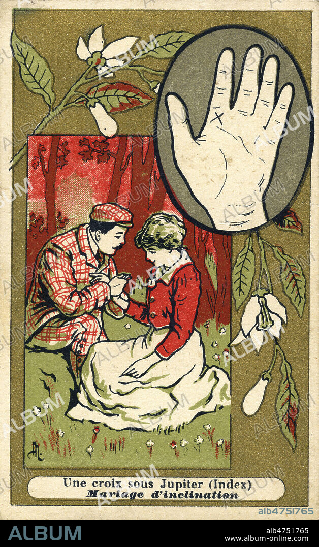 'Une croix sous Jupiter (index) : mariage d'inclination' : un homme lit les lignes de la main d'une femme. Chromo vers 1900. Illustration anonyme. Credit : Collection KHARBINE-TAPABOR.