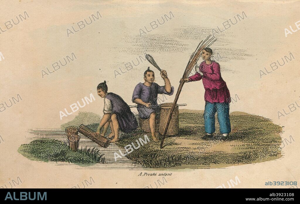 Papermaking in China, AD 105, (c1850). This year is often cited as the year in which papermaking was invented. In that year, historical records show that the invention of paper was reported to the Chinese Emperor by Ts'ai Lun, an official of the Imperial Court. However,  ancient paper pieces from the Xuanquanzhi ruins of Dunhuang in China's northwest Gansu province apparently were made during the period of Emperor Wu who reigned between 140 BC and 86 BC. It appears that early Chinese paper was made by a suspension of hemp waste in water, washed, soaked, and beaten to a pulp with a wooden mallet. From a hand coloured engraving.