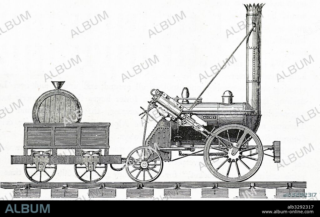 'The Rocket'; George Stephenson's locomotive which won the Rainhill Trials and was used to haul trains on the Liverpool and Manchester Railway: 1829.