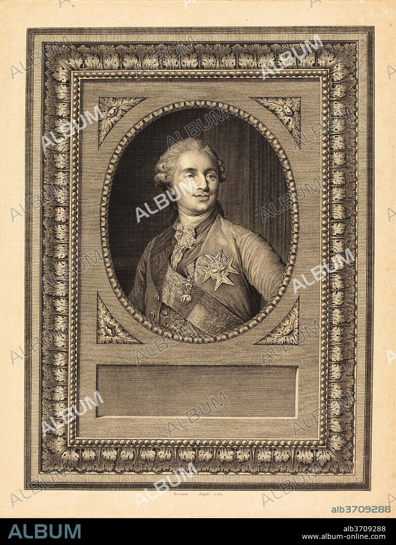ANTOINE LOUIS ROMANET AFTER JOSEPH SIFFRED DUPLESSIS. Louis XVI, King of France. Dated: 1783. Dimensions: sheet (trimmed to plate mark): 39.2 x 29.8 cm (15 7/16 x 11 3/4 in.). Medium: engraving on laid paper [trial state].