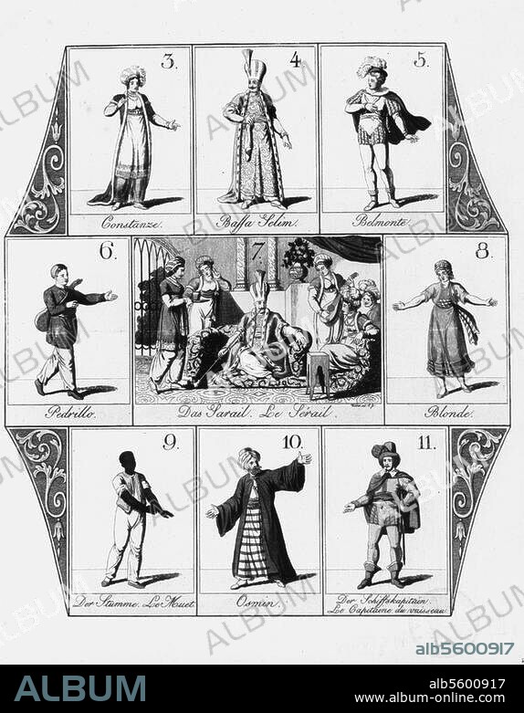 Mozart, Wolfgang Amadeus 1756-1791. Works: Il Seraglio. Broadsheet with set of "Il Seraglio" and Figurines. Copper Eng., coloured, c. 1800.