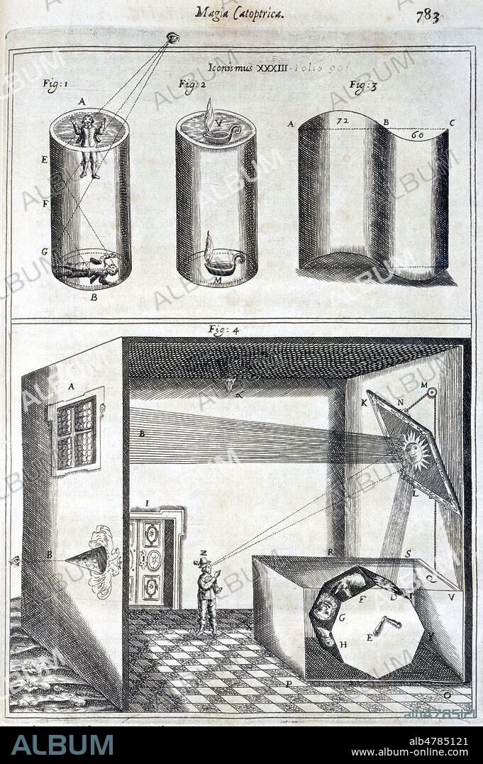 Camera obscura. Gravure tiree de l'ouvrage d'Athanasius KIRCHER (1601-1680) 'Ars Magna Lucis et umbrae in mundo', publie en 1646. Credit : Collection SSPL/KHARBINE-TAPABOR.
