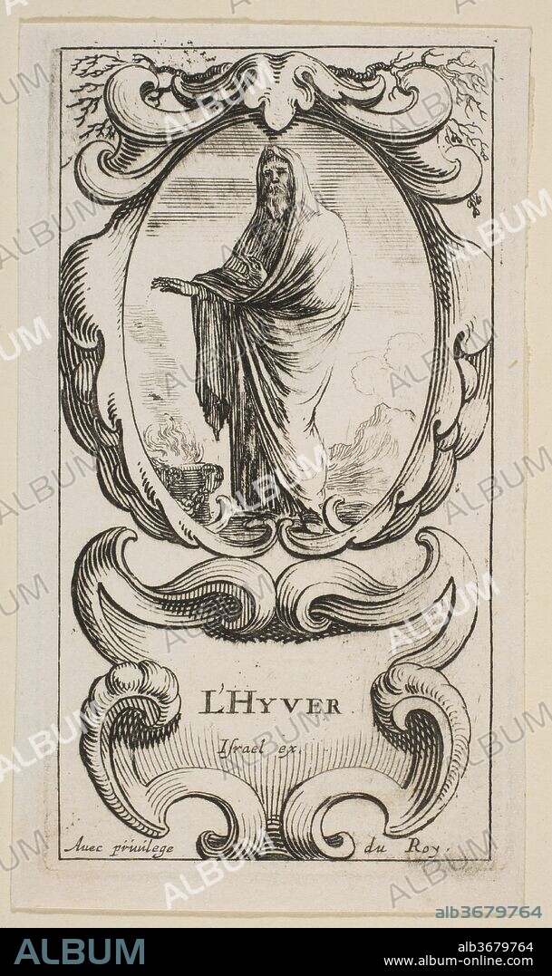 Winter (L'Hiver), from 'The Four Seasons'. Artist: Etched by Stefano della Bella (Italian, Florence 1610-1664 Florence); Ornament etched by Abraham Bosse (French, Tours 1602/1604-1676 Paris). Dimensions: Sheet: 3 15/16 × 2 5/16 in. (10 × 5.8 cm). Publisher: Published by Israël Henriet (French, Nancy ca. 1590-1661 Paris). Series/Portfolio: 'The four Seasons' (Les quatre Saisons). Date: ca. 1641.