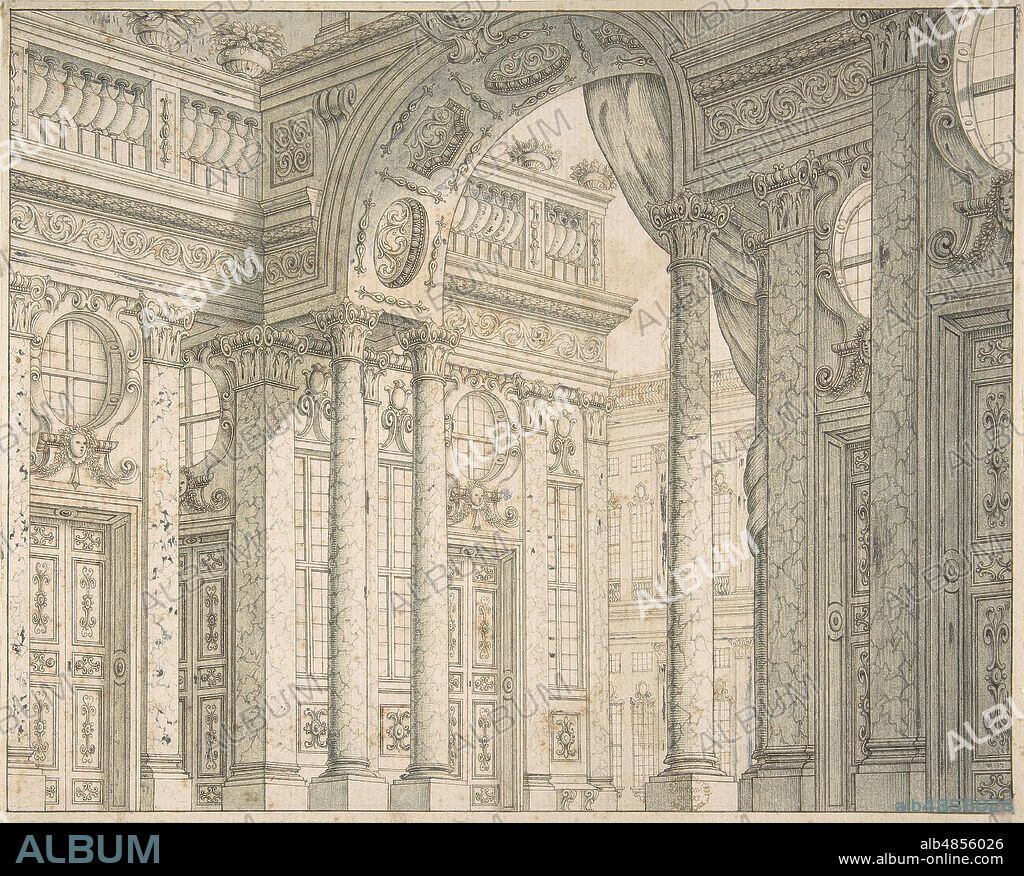 FERDINANDO GALLI BIBIENA. Design of a Perspective for a Stage Set with Courtyard and Triumphal Arch., ca. 1675-1743.