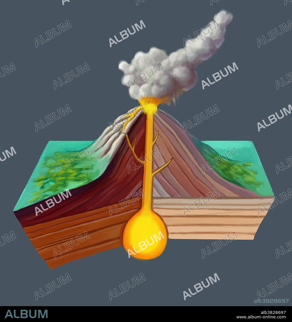 Illustration of the volcanic structure. A volcano is an opening in a planet's crust which allows hot magma, volcanic ash, and gases to escape from the magma chamber below the surface. At the top of the volcano materials like, ash, lava, and other pyroclastics are released. Layers of lava alternate with layers of ash to build a steep sided cone on top of the earth's crust.
