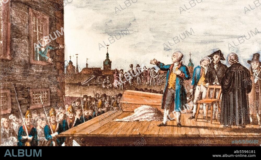Katte, Hans Hermann von Jugendfreund Friedrichs des Großen 1704-1730. "Die Hinrichtung Katt's in Küstrin." - (Küstrin, 6. Nov. 1730; Katte wird als Mitwisser der Fluchtpläne des Kronprinzen vor dessen Augen hingerichtet). Kupferstich, koloriert, um 1790.