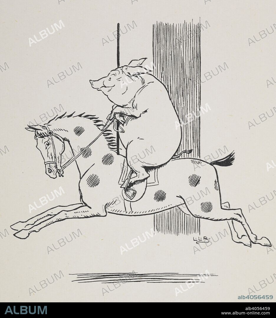 Pig riding a merry-go-round horse. The Story of Three Little Pigs. With drawings by L. Leslie Brooke. Frederick Warne & Co.: London & New York, [1904.]. Source: 12812.b.33. page 18.