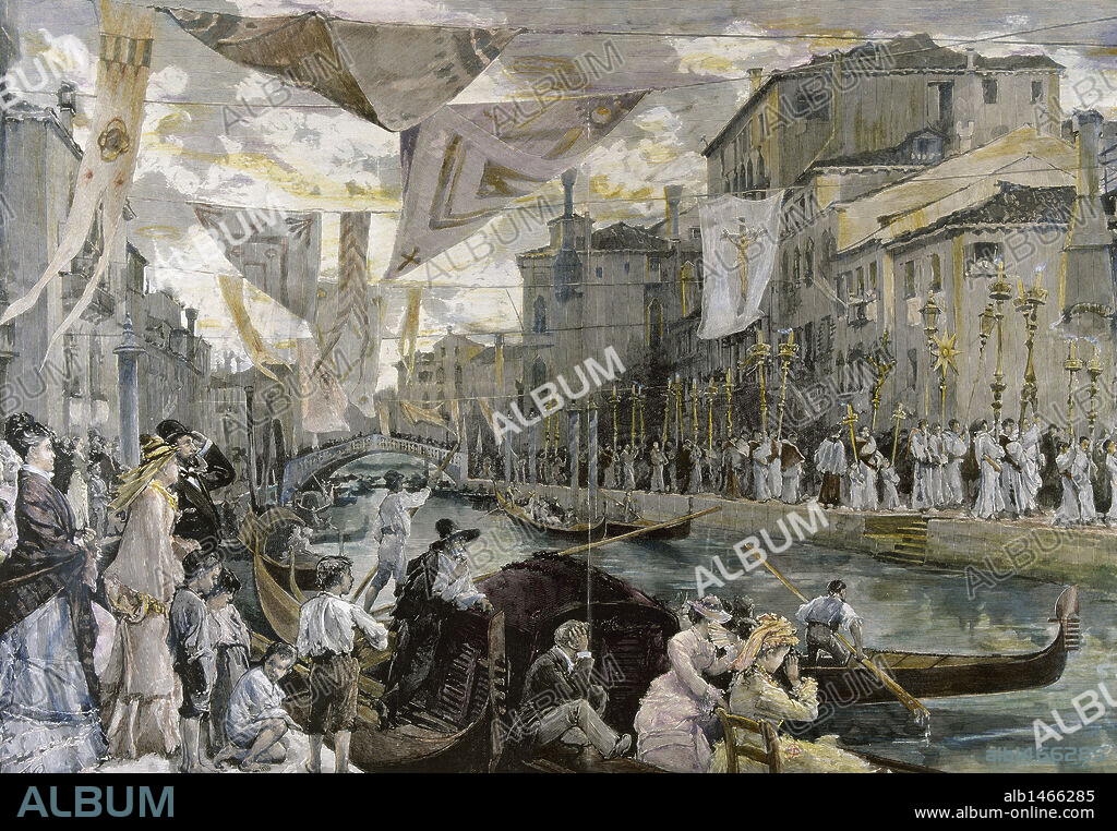"PROCESION EN EL CANAREGGIO". Dibujo realizado por Pradilla. Grabado coloreado. La Ilustración Española y Americana.