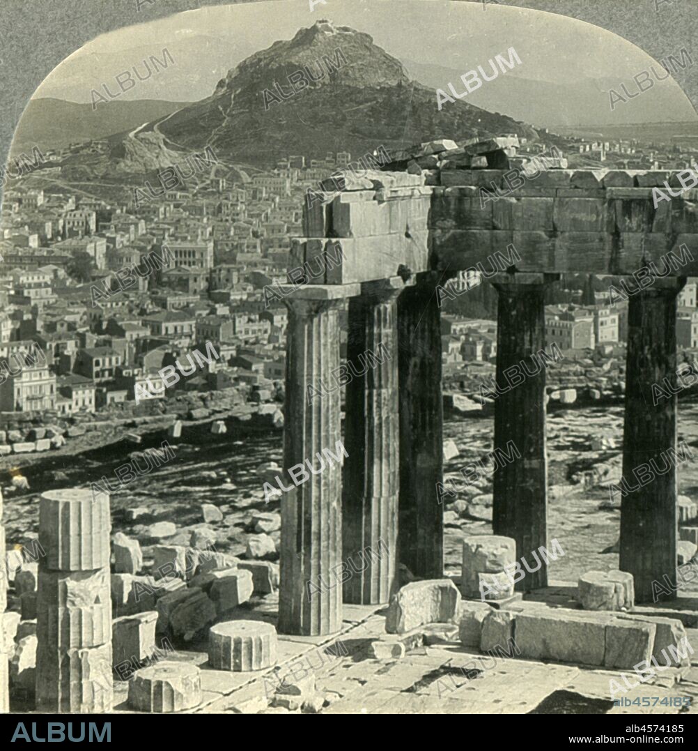 'The Parthenon on the Acropolis - View N.E. over Athenai (Athens) to Mount Lycabettus, Greece', c1930s. 5th century BC doric temple to the goddess Athena From "Tour of the World". [Keystone View Company, Meadville, Pa., New York, Chicago, London].