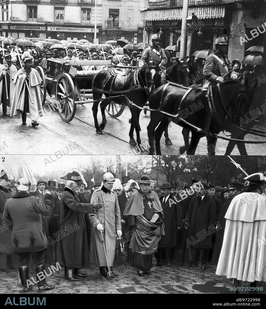 23 enero 1922. Madrid. Entierro del cardenal Primado. El féretro sobre el armón que lo Condujo A la estación del Mediodía. 2.-el infante D. Fernando (A), el presidente del Consejo, Sr. Maura (B), y el cardenal Benlloch (C), en la presidencia del duelo.