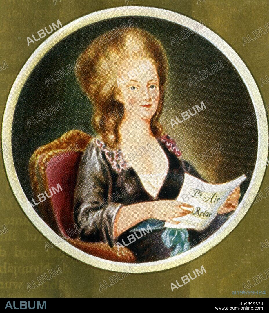 Marie Antoinette Queen of France - after a miniature by Vittoriano Campana 1778. Maria Antonia Josepha Johanna von Habsburg-Lothringen, (2 November 1755 - 26 October 1793), known to history as Marie Antoinette was born an Archduchess of Austria, and later became Queen of France and Navarre. She was married to Louis XVI of France at age 14, and was the mother of "lost Dauphin" Louis XVII. Marie Antoinette is perhaps best remembered for her legendary excesses, and for her death: she was executed by guillotine at the height of the French Revolution in 1793, for the crime of treason.