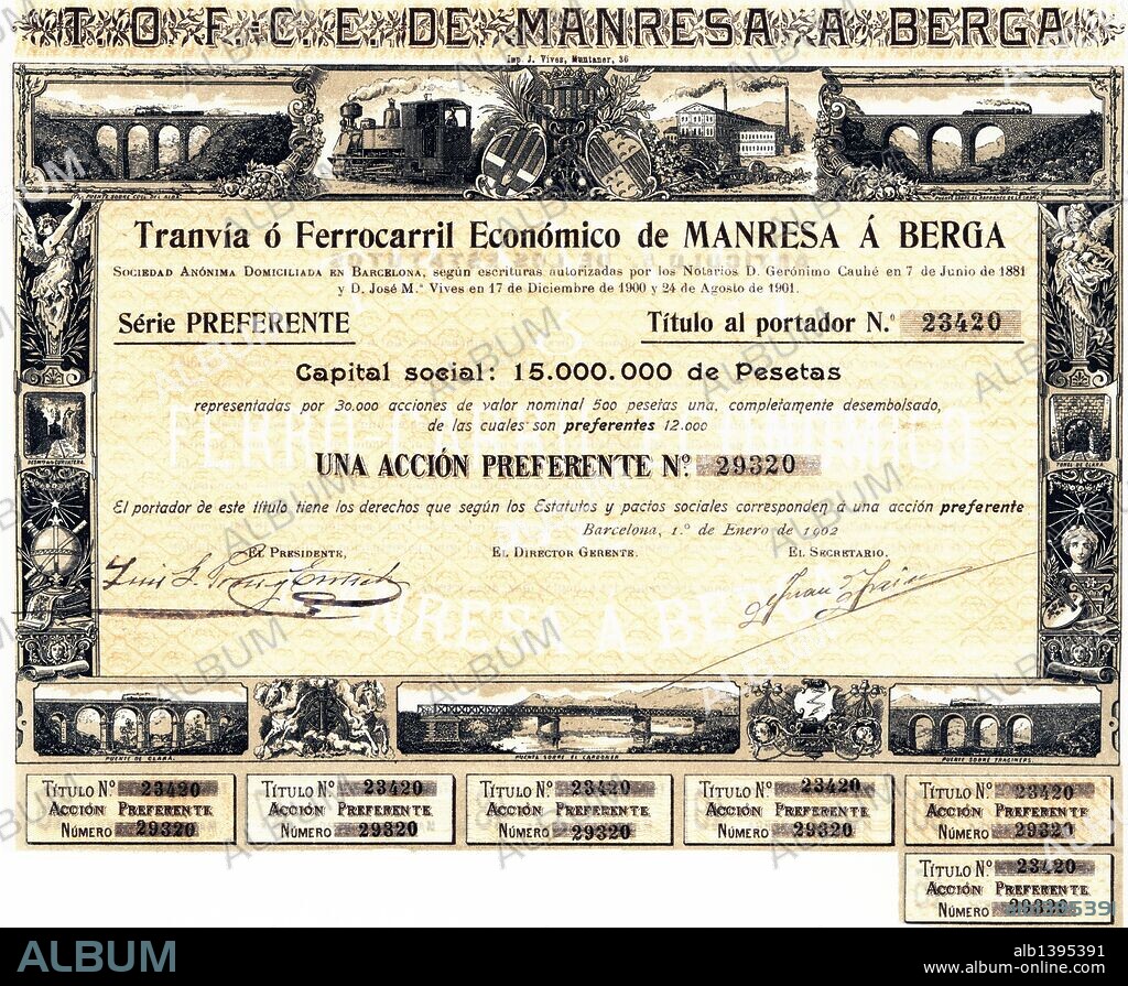 Acción preferente al portador emitida por la compañía "Tranvía o Ferrocarril Económico de Manresa a Berga, S.A.", en Barcelona el 1 de enero de 1902.