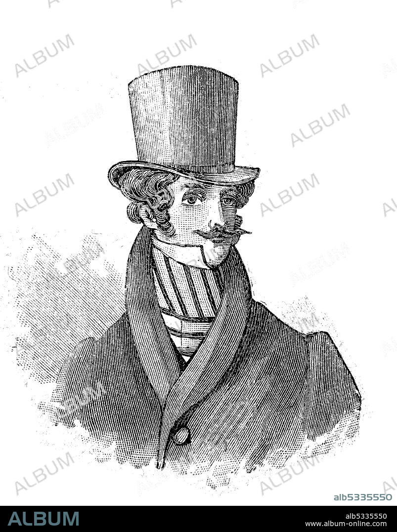 Hat fashion and beard fashion of men in England in 1825  /  Hutmode und Bartmode der Männer in England im Jahre 1825, Historisch, historical, digital improved reproduction of an original from the 19th century / digitale Reproduktion einer Originalvorlage aus dem 19. Jahrhundert.