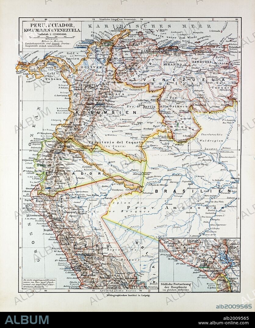 MAP OF PERU, ECUADOR, VENEZUELA AND COLUMBIA, 1899.