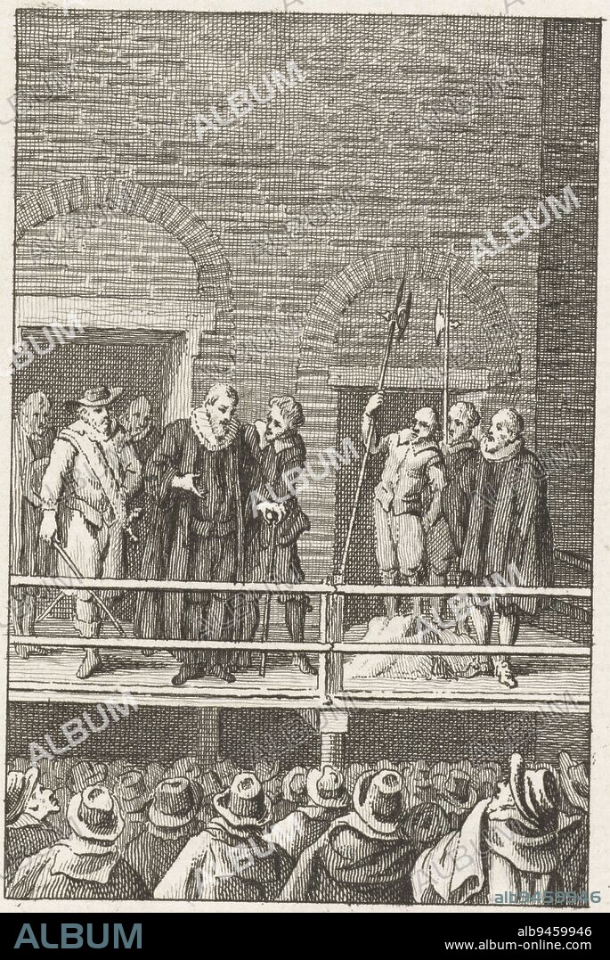 Johan van Oldenbarnevelt on the scaffold before his execution, 13 May 1619. Van Oldenbarnevelt, supported by Jan Francken, addresses the public in the foreground, Johan van Oldenbarnevelt on the scaffold before his execution, 1619., print maker: Reinier Vinkeles (I), print maker: Cornelis Bogerts, intermediary draughtsman: Jacobus Buys, Netherlands, 1780 - 1795, paper, etching, h 107 mm × w 72 mm.