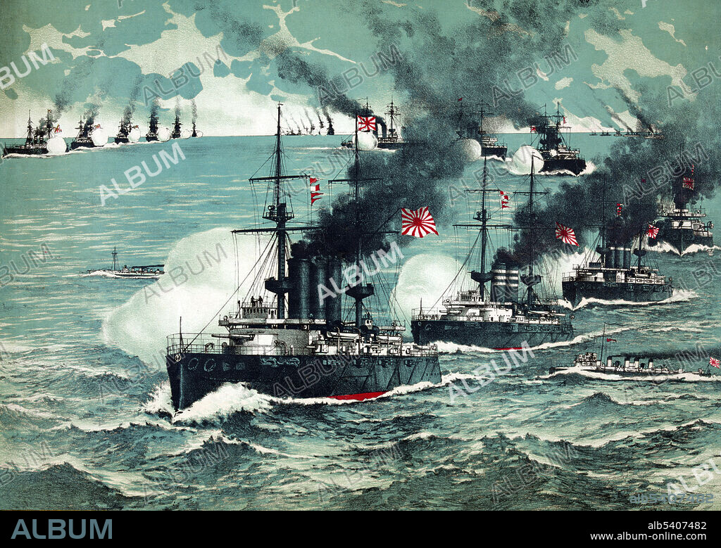 Japanese battleships bombarding Russian battleships in a surprise naval assault on the Russian fleet at Port Arthur. The Russo-Japanese War (1904-05) was fought between the Russian Empire and the Empire of Japan over rival imperial ambitions in Manchuria and Korea. On the night of February 8, 1904, the Japanese fleet under Admiral Togo Heihachiro, opened the war with a surprise torpedo boat destroyer attack on the Russian ships at Port Arthur. The attack heavily damaged the Tsesarevich and Retvizan, the heaviest battleships in Russia's far Eastern theatre, and the 6,600 ton cruiser Pallada. A series of indecisive naval engagements followed. Although the actual Battle of Port Arthur was indecisive, the initial attacks had a devastating psychological effect on Russia, which had been confident about the prospect of war. The Japanese had seized the initiative while the Russians waited in port. Chromolithograph, 1904.