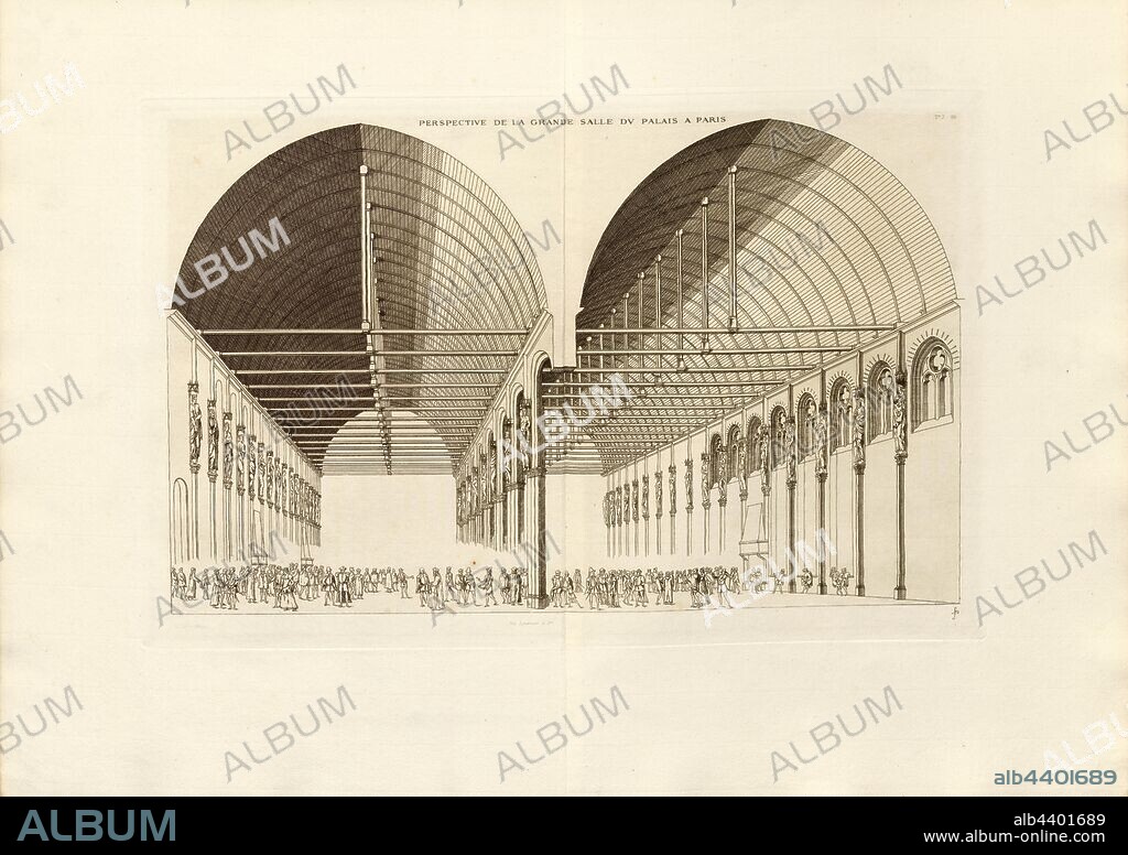 Perspective of the Great Palace Hall in Paris, Grand Salle at the Palais de la Cite in Paris, Signed: FD; Imp. Lemercier et Cie, A. Lévy (ed.), Fig. 66, T. 2. 65, Cerceau, Jacques Androuet du (del.); Faure-Dujarric, Pierre-Lucien (sc.); Lemercier (imp.); Levy, A. (ed.), 1868, Jacques Androuet du Cerceau; Hippolyte A. Destailleur: Les plus excellents bastiments de France. Paris: A. Lévy, Libraire-Editeur, M DCCC LXVIII - M DCCC LXX. [1868-1870].